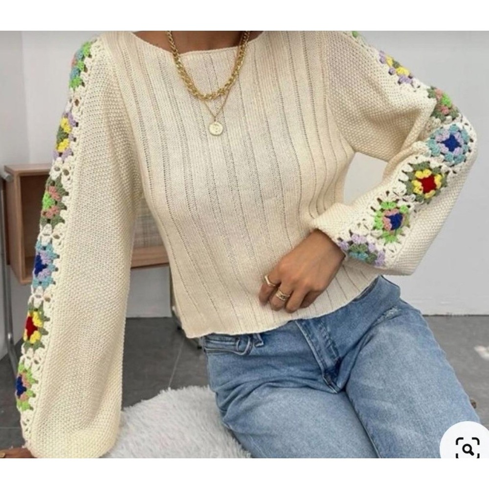 Anthropologie Sweater XL Granny Square Crochet Cottage Core Peasant Bohemian - Picture 9 of 9